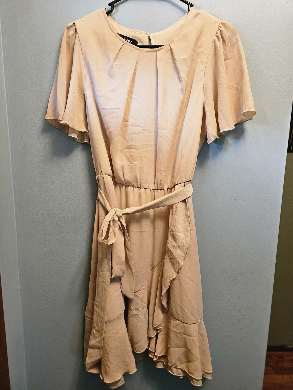 Women's Light Beige Ruffle Midi Dress with Tie Waist